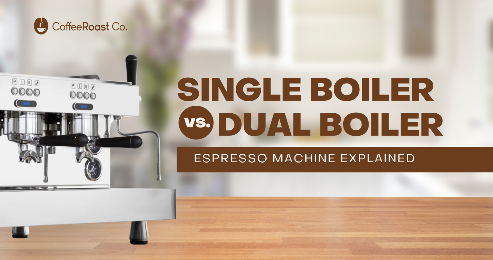 White dual-boiler espresso machine with black handles on wooden counter