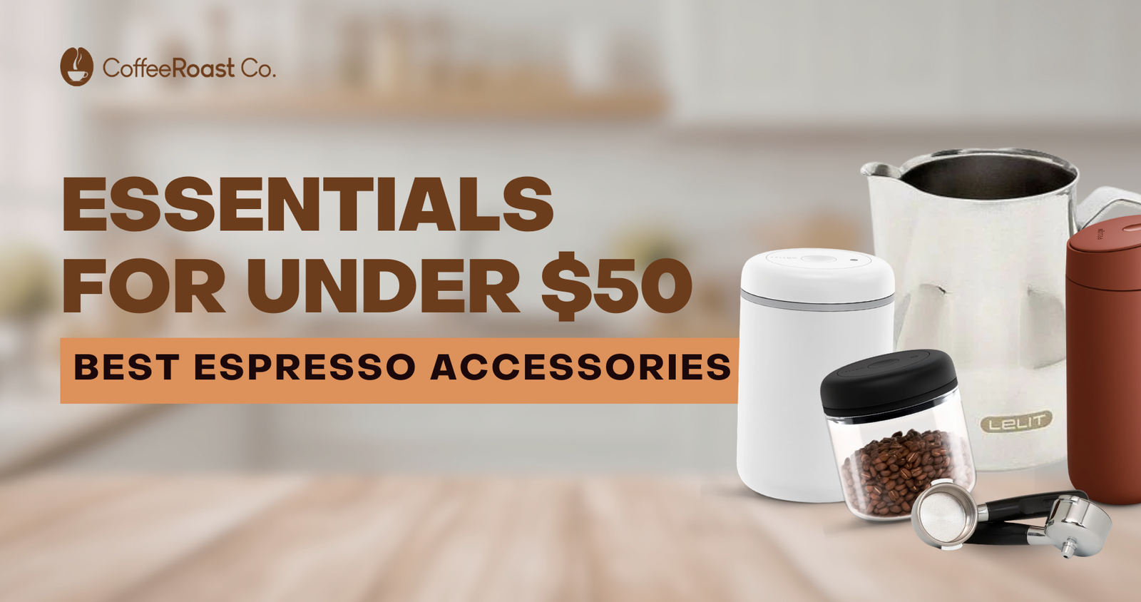 CoffeeRoast Co. logo with espresso accessories including white storage container