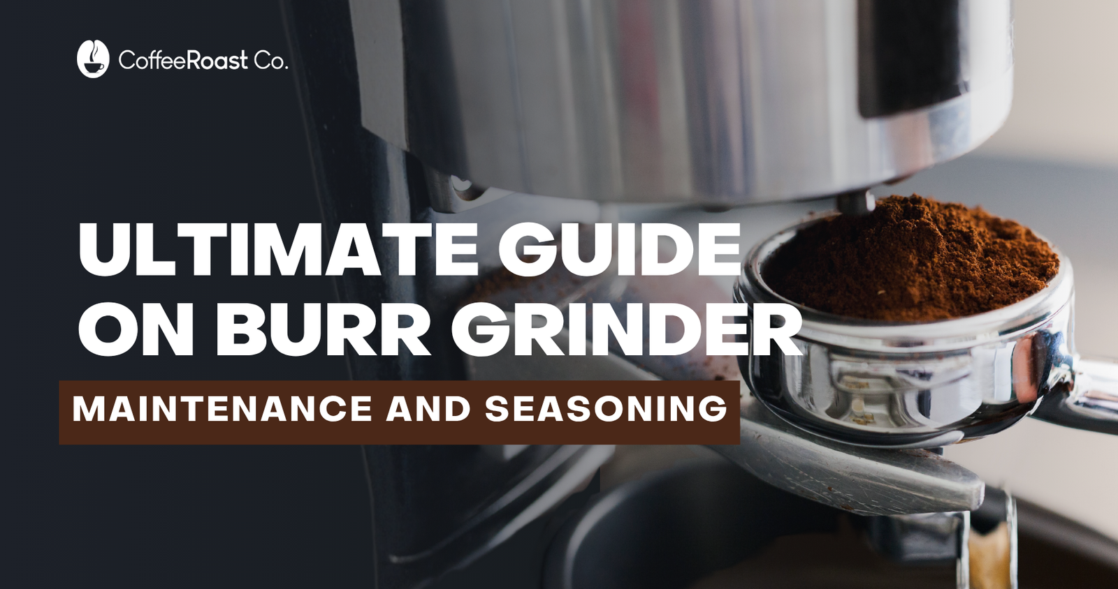 Burr grinder with stainless steel top and ground coffee in metal portafilter basket