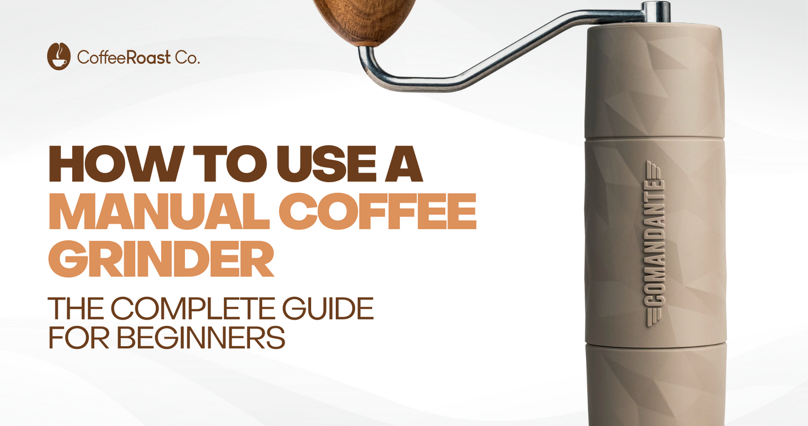 Tan manual coffee grinder with wooden handle and curved metal crank arm