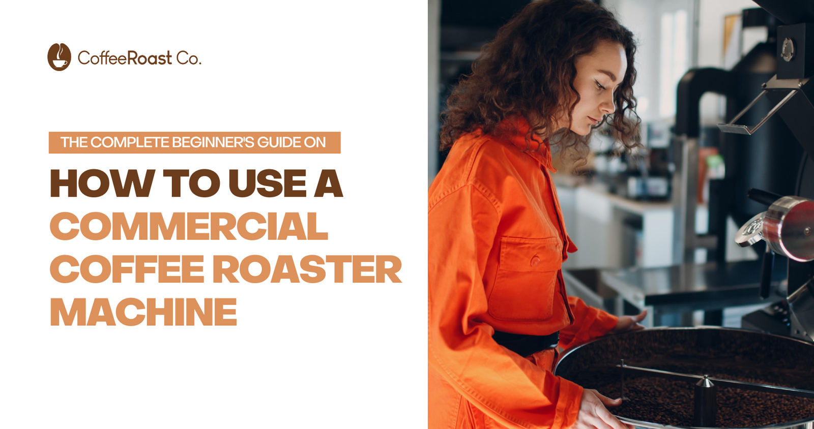 Woman in bright orange jacket monitoring commercial coffee roaster drum with roasted beans