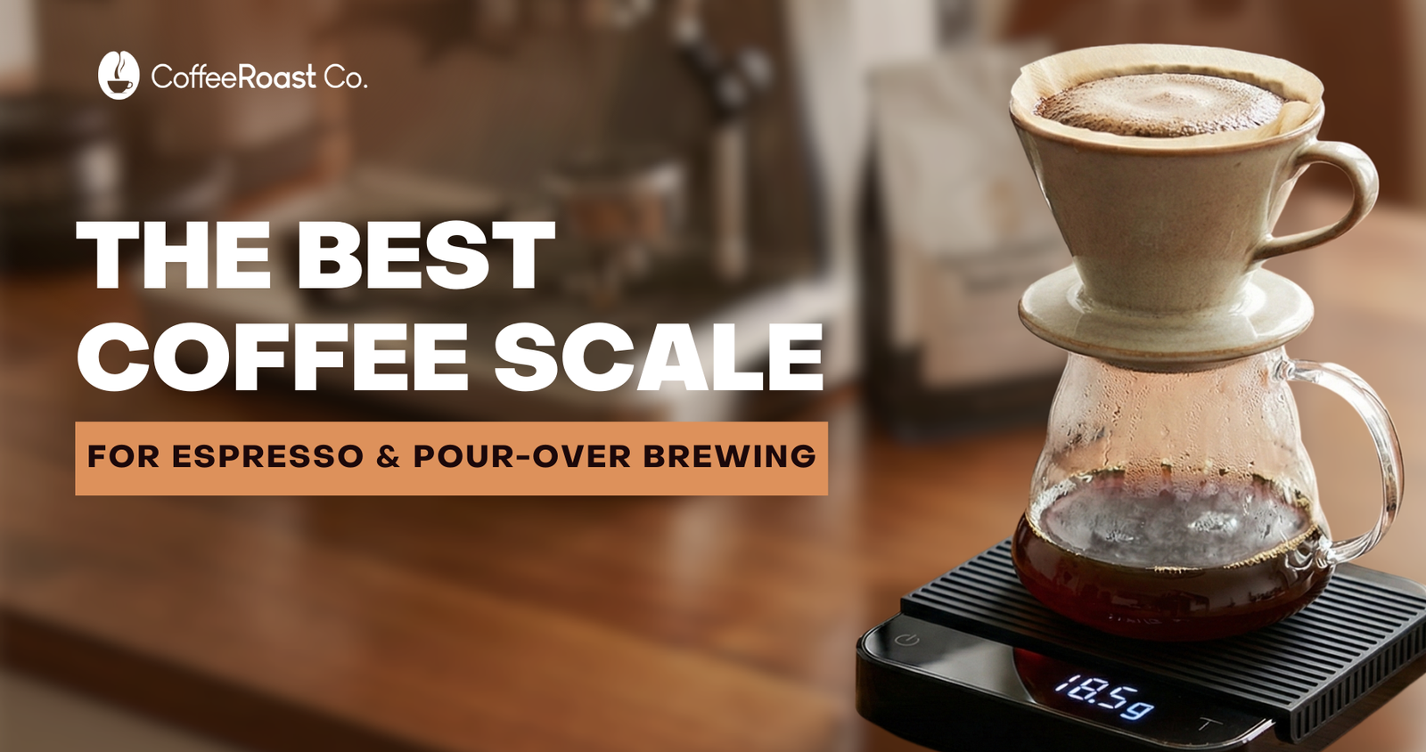 Digital coffee scale with glass pour-over carafe and ceramic espresso cup on blurred cafe background