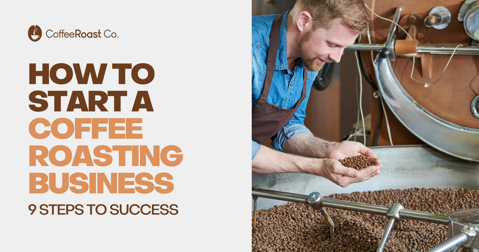 Man in denim shirt holding roasted coffee beans above metal roasting drum equipment
