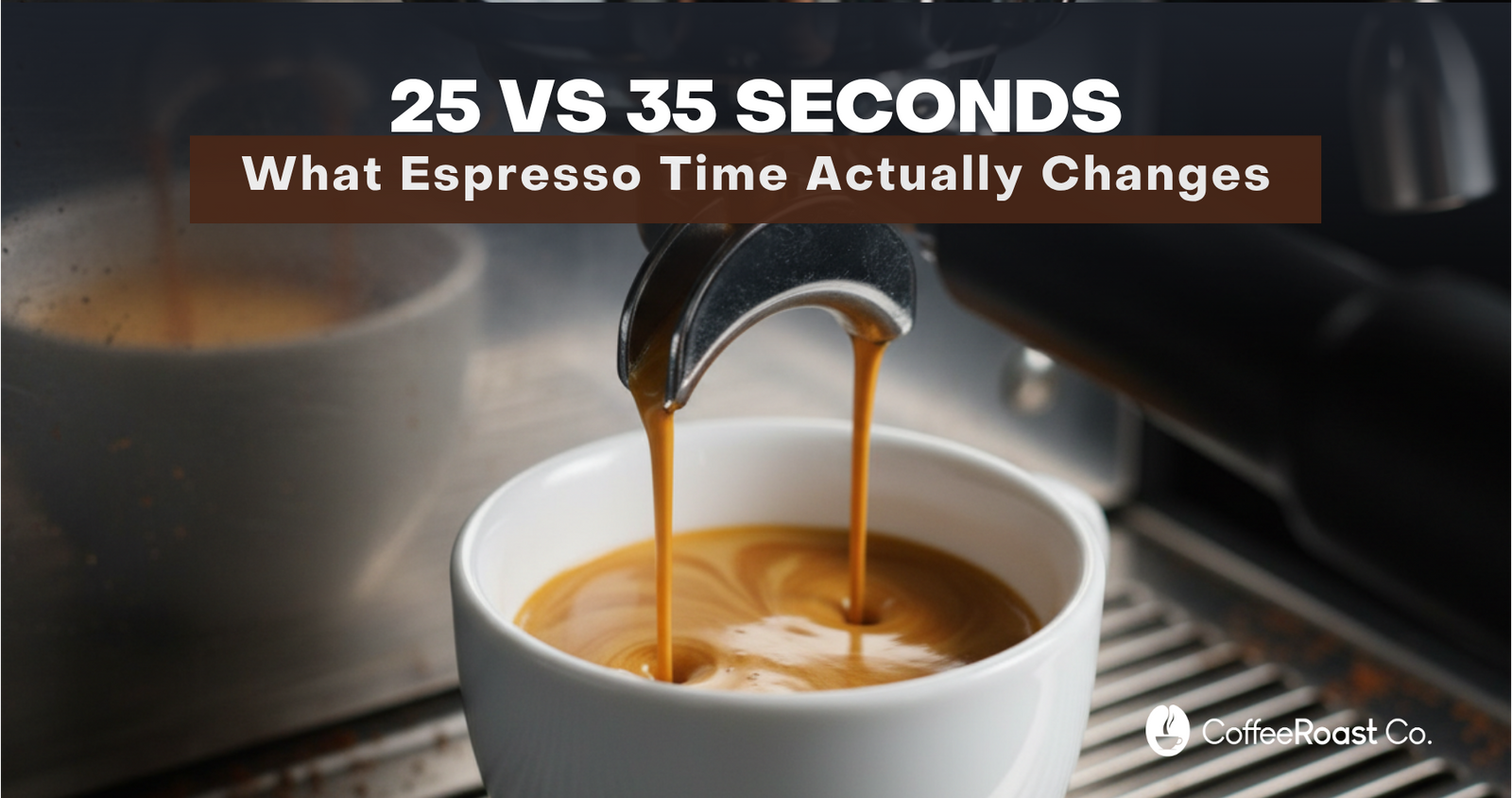 Macro photograph of espresso pouring into a white ceramic cup with rich amber crema, polished stainless portafilter above. Title overlay: 25 vs 35 Seconds - What Espresso Time Actually Changes.