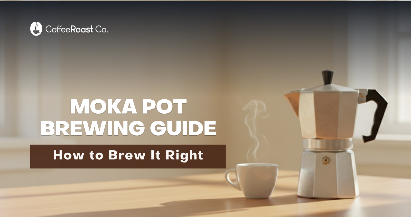 Moka pot brewing on a sunlit wood counter next to a small espresso cup — CoffeeRoastCo moka pot brewing guide.