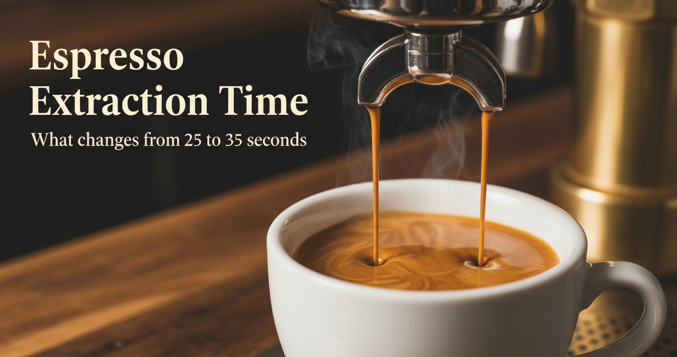 Cinematic macro photograph of espresso extraction with title text: Espresso Extraction Time — What changes from 25 to 35 seconds