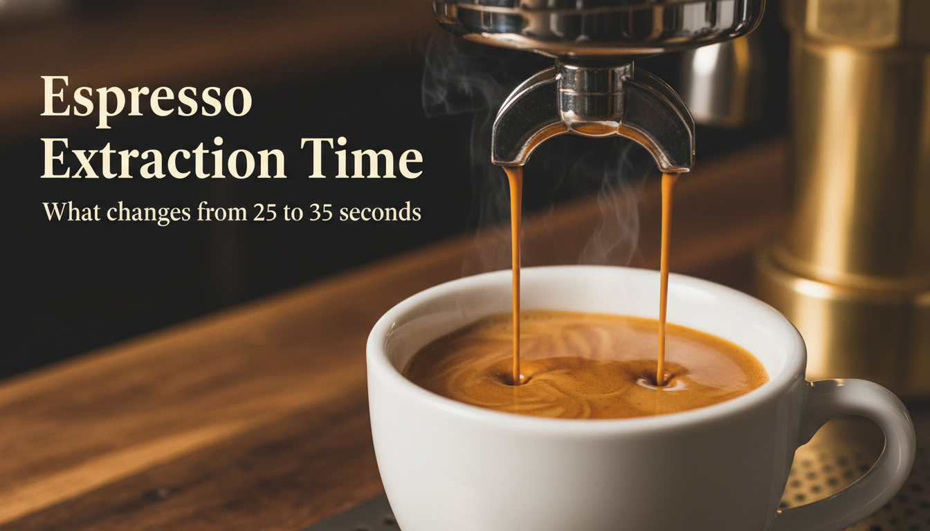 Cinematic macro photograph of espresso extraction with title text: Espresso Extraction Time — What changes from 25 to 35 seconds
