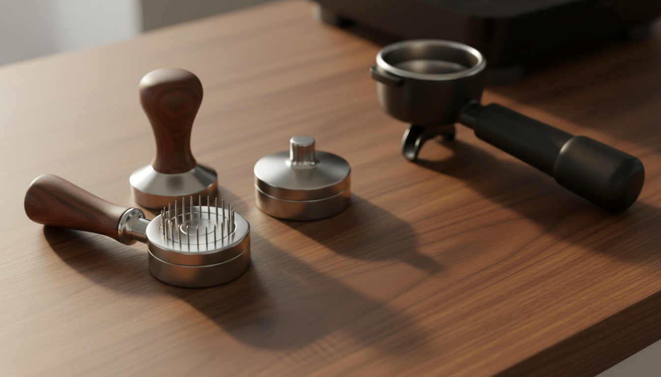 Espresso tamper, distribution tool, and bottomless portafilter on a warm walnut barista countertop, soft morning light.