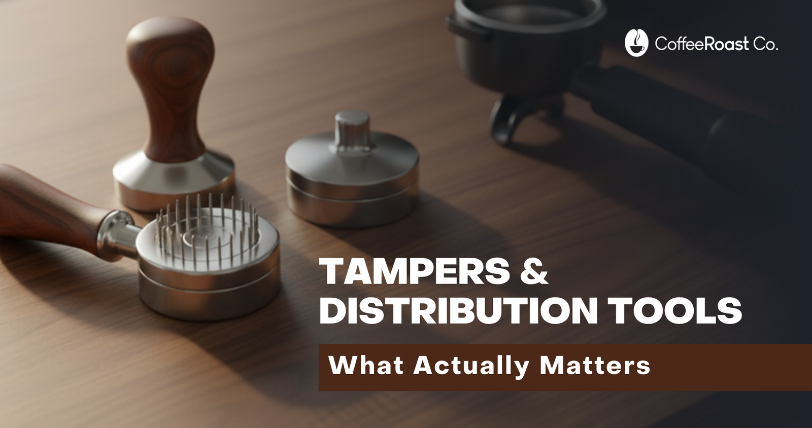 Espresso tamper, distribution tool, and bottomless portafilter on a warm walnut barista countertop, with CoffeeRoast Co. branding and editorial title TAMPERS & DISTRIBUTION TOOLS / What Actually Matters.