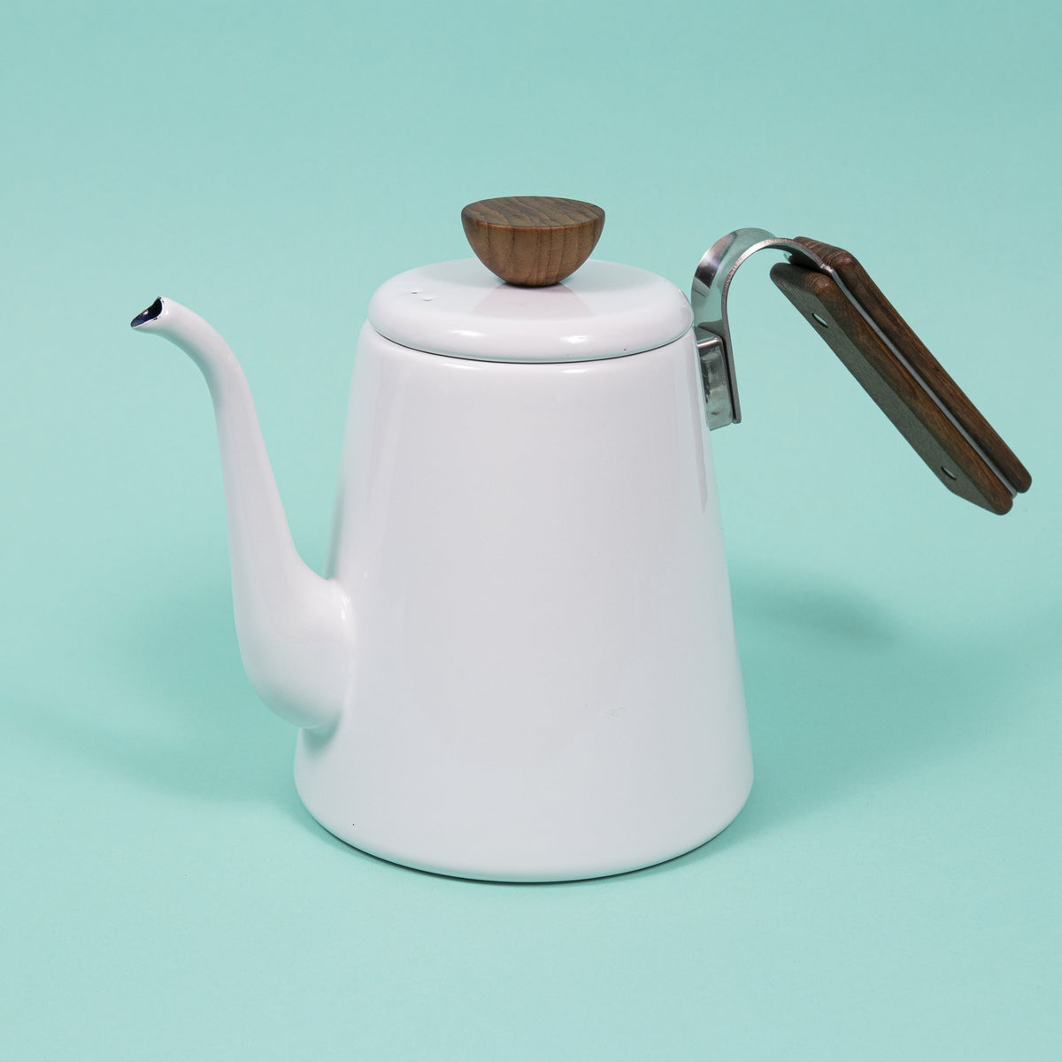 White enamel gooseneck kettle with wood lid knob and handle.
