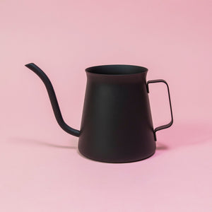 All black metal kettle with flared top, gooseneck, and handle.